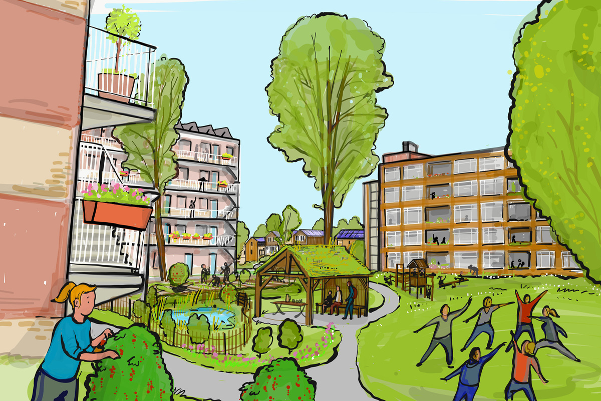 Schets van Olivier Rijcken hoe het groen in de Kogerveldbuurt in de toekomst meer wordt gebruikt door de bewoners in de wijk