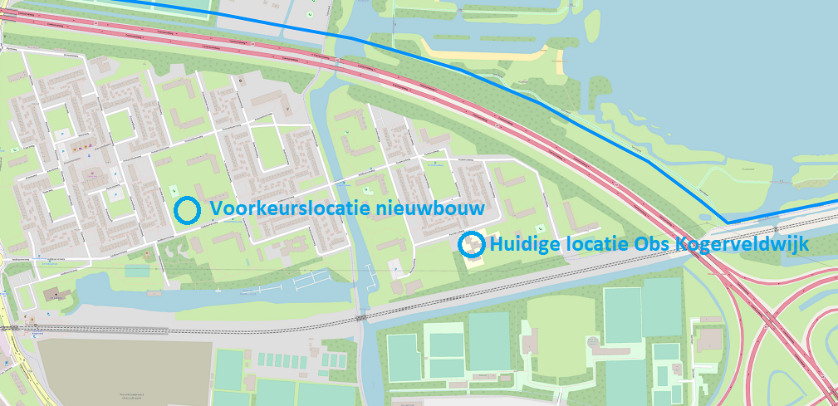Plattegrond van de Kogerveldwijk met de huidige en voorkeurslocatie OBS Kogerveld