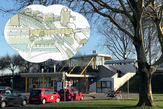 Foto van huidig station Kogerveld met een droomwolkje met hoe het stationsgebied er in 2040 uit zou kunnen zien.