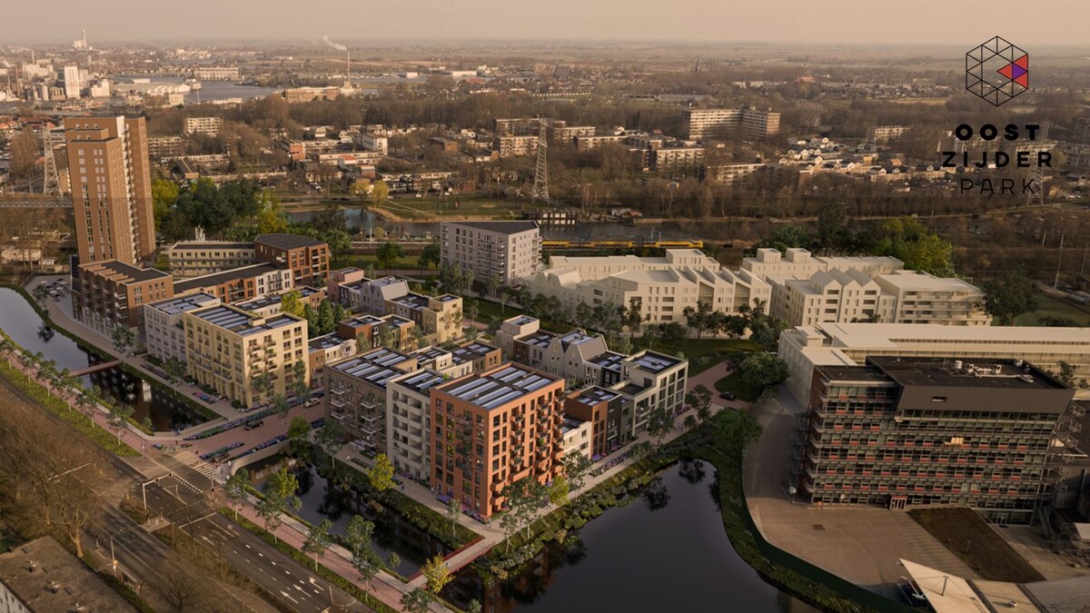 Impressie van het nieuwbouwproject Oostzijderpark in Zaandam van bovenaf gezien. 